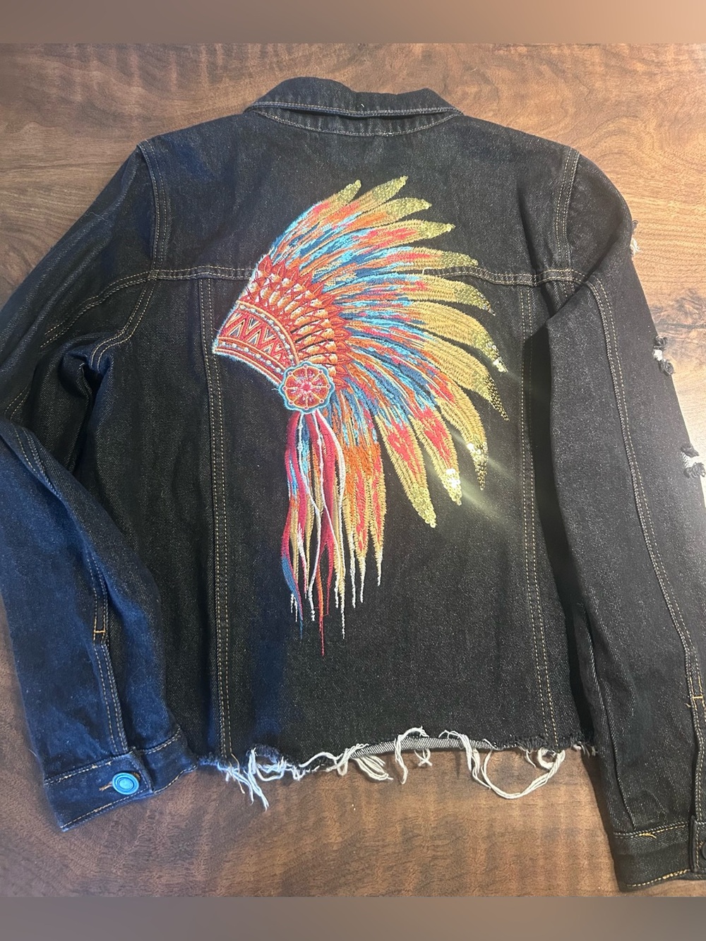 Savanna Jane Embridered Native Headdress Cotton Denim Jacket